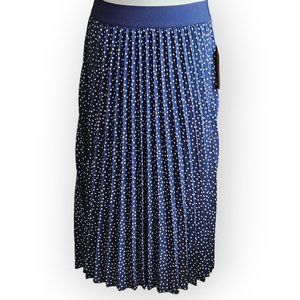 NEW!  Andi + James Navy Blue Pleated Polka Dot Midi Skirt.  US Size M.